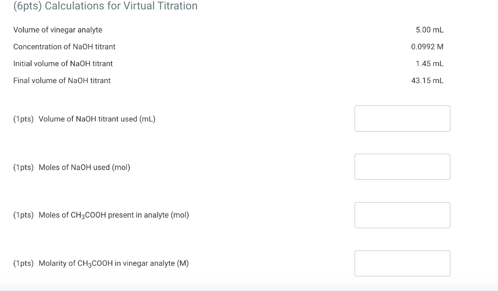 Solved (6pts) Calculations for Virtual Titration Volume of