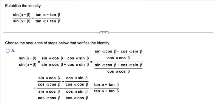 Establish the identity. \[ \frac{\sin (\alpha-\beta)}{\sin (\alpha+\beta)}=\frac{\tan \alpha-\tan \beta}{\tan \alpha+\tan \be