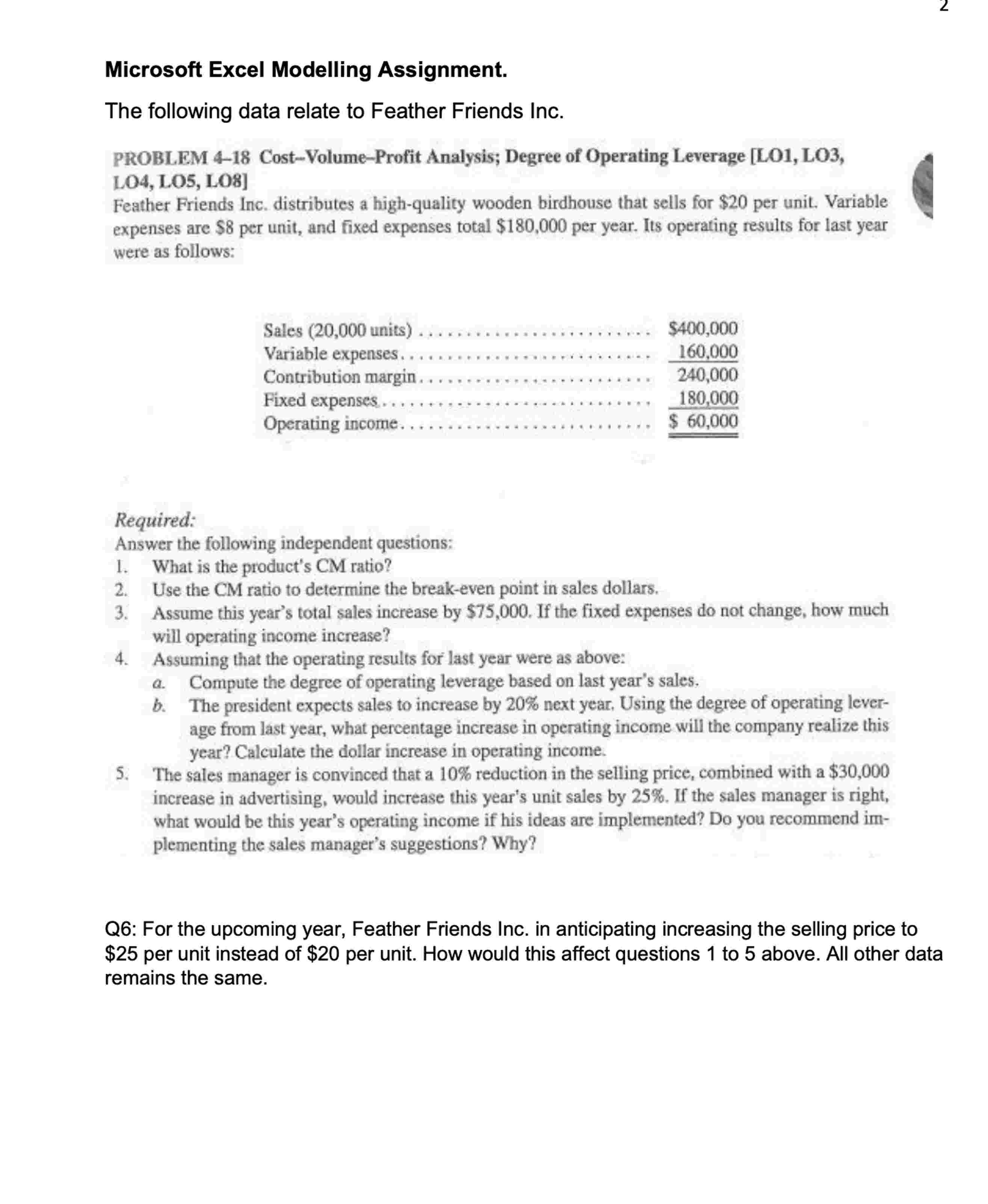 Solved Microsoft Excel Modelling Assignment.The following