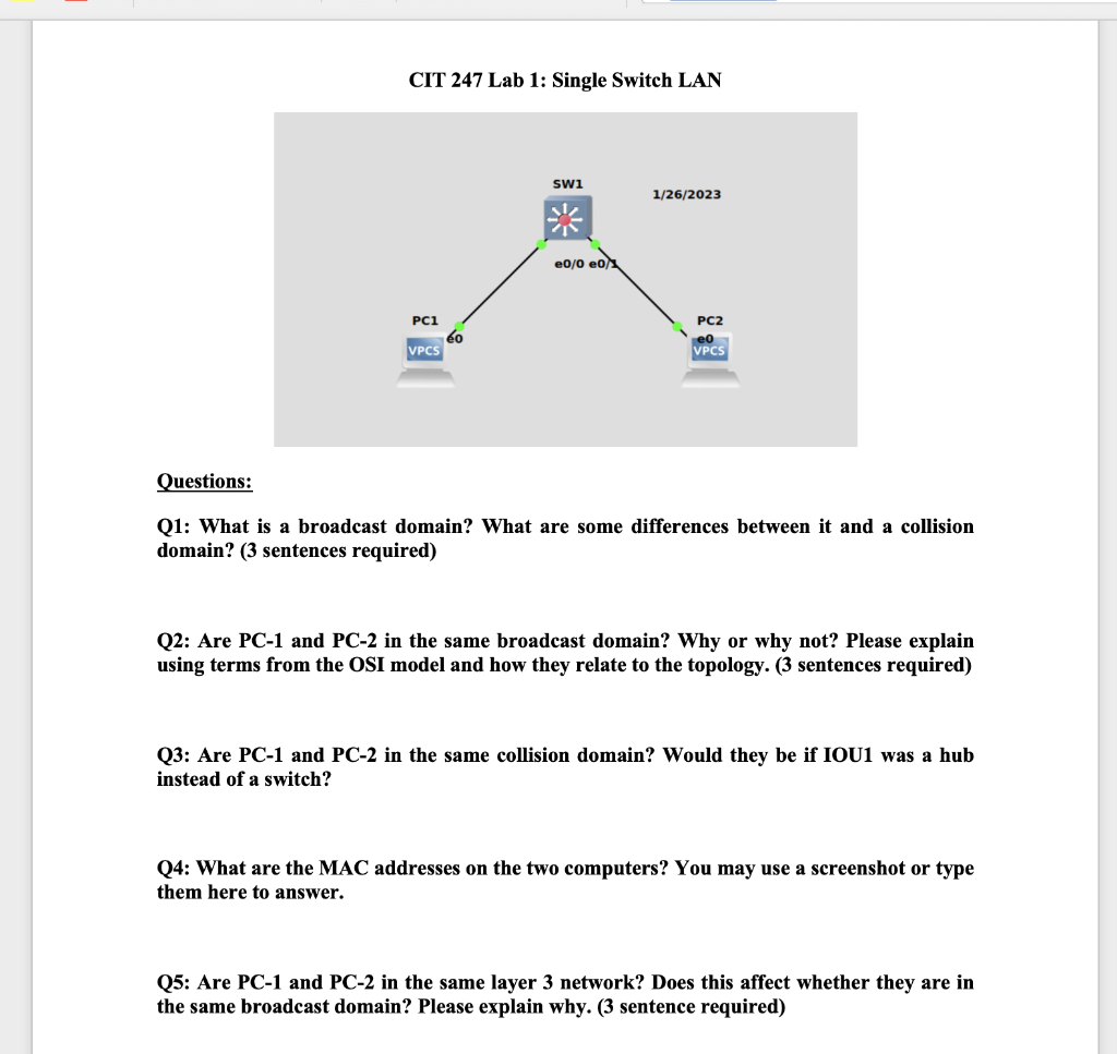 [Solved] CIT 247 Lab 1 Single Switch LAN Questions Q1