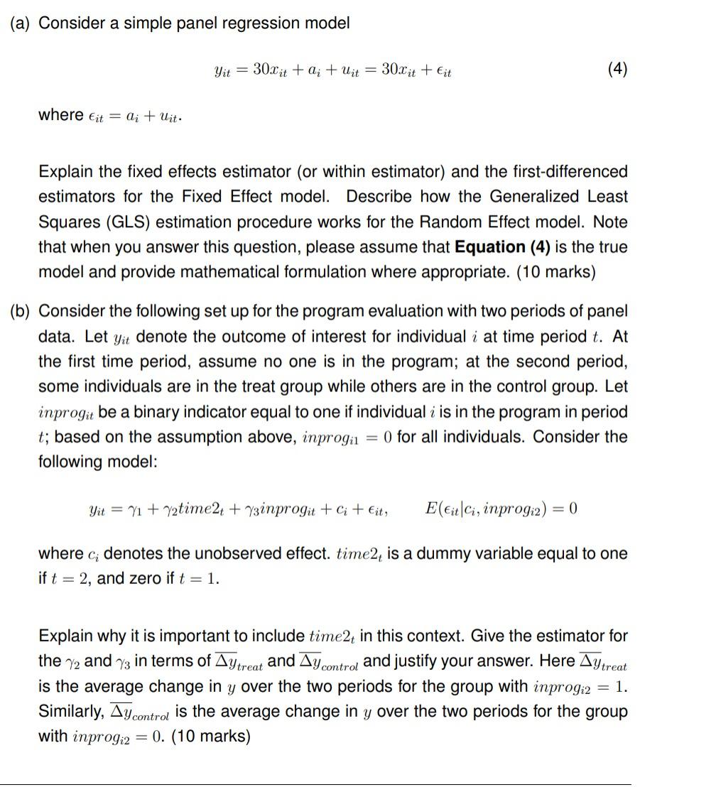 Solved (a) Consider a simple panel regression model | Chegg.com