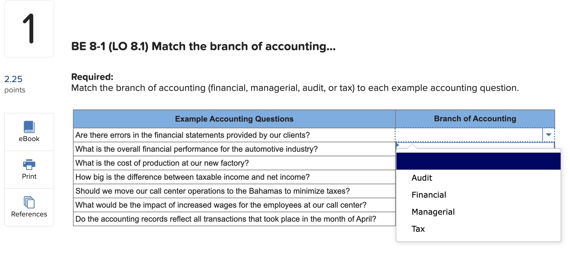 Solved BE 8-1 (LO 8.1) Match the branch of accounting... | Chegg.com