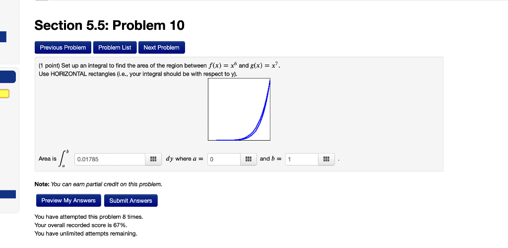 Solved (1 point) Set up an integral to find the area of the | Chegg.com