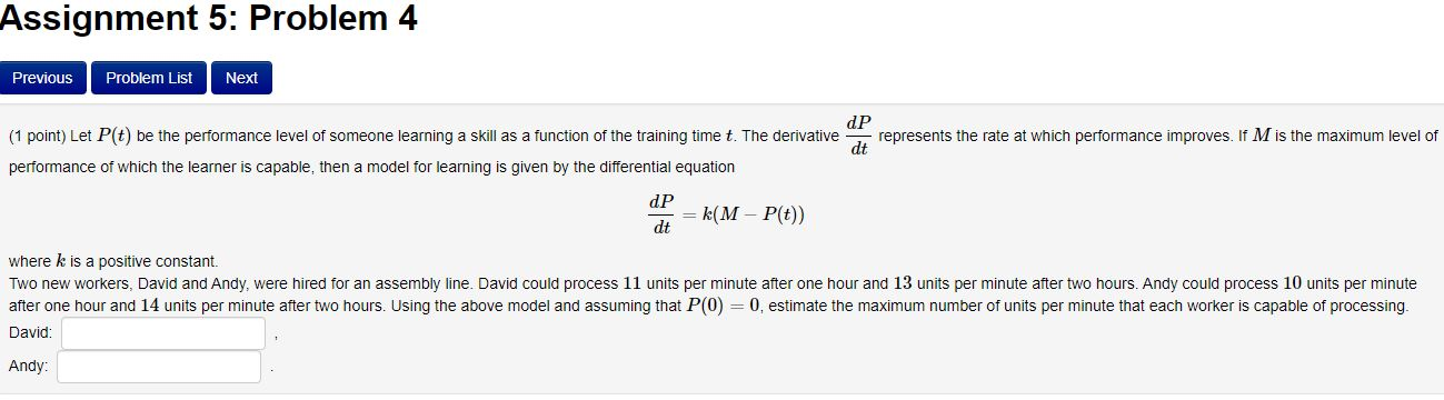 Solved Assignment 5: Problem 4 Previous Problem List Next | Chegg.com