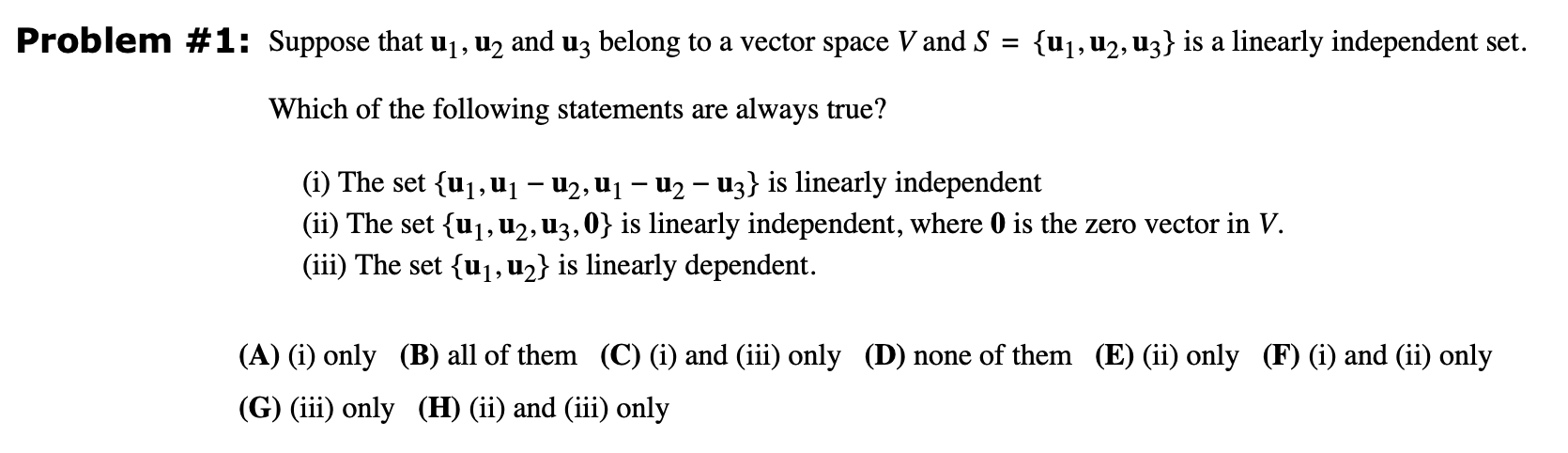 Suv U2 Math Test Problem Solved Problem # 1: Suppose that u1,u2 and u3 belong to a | Chegg.com