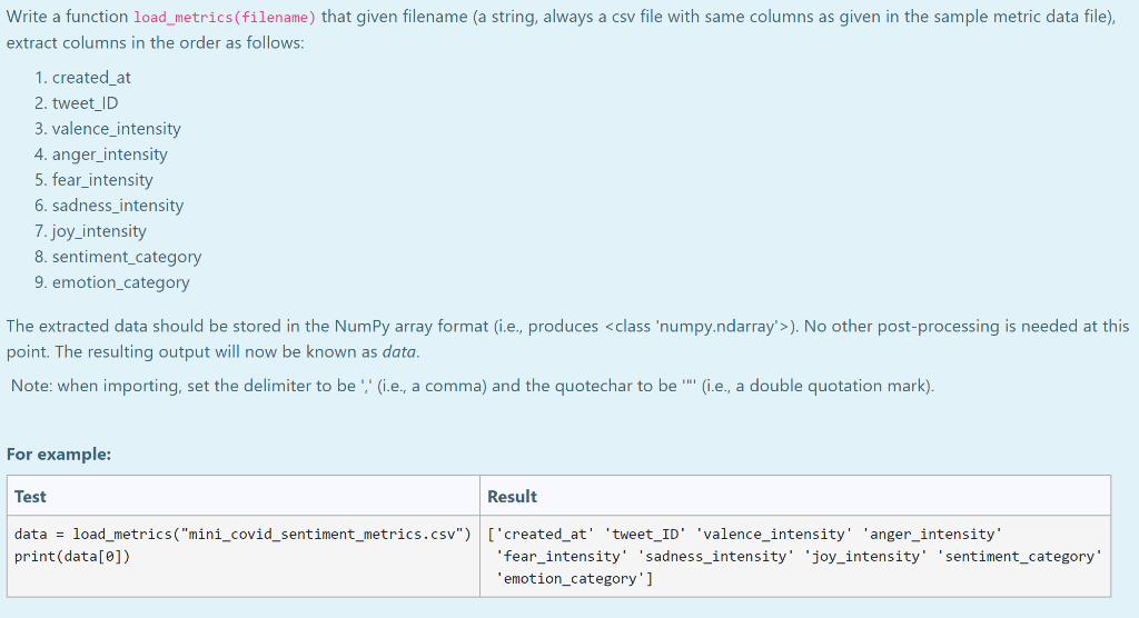 Solved Write a function load_metrics(filename) that given | Chegg.com