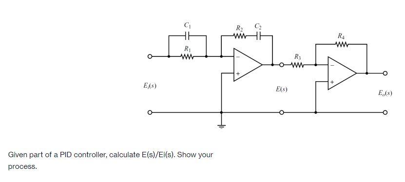 Given part of a PID controller, calculate \( \mathrm{E}(\mathrm{s}) / \mathrm{Ei}(\mathrm{s}) \). Show your process.