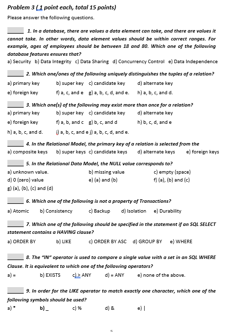 Solved Problem 3 (1 point each, total 15 points) Please | Chegg.com