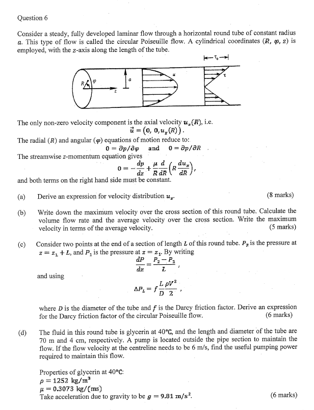 Solved Question 6 Consider a steady, fully developed laminar | Chegg.com