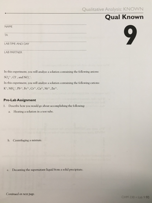 Solved Qualitative Analysis KNOWN Qual Known 9 NAME TA LAB