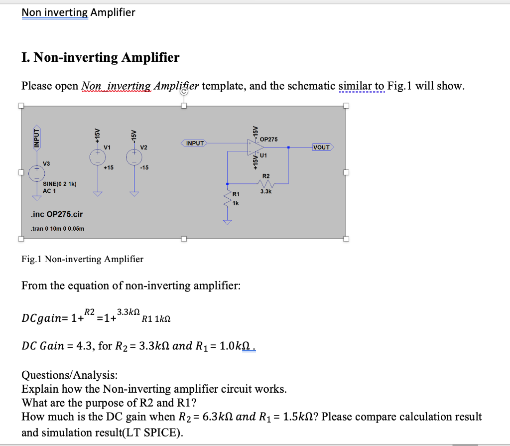 Solved Non Inverting Amplifier I. Non-inverting Amplifier | Chegg.com