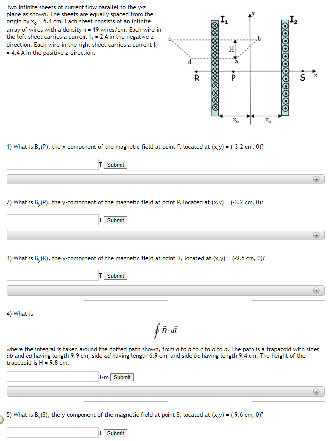 Two infinite sheets of current flow parallel to the \( y-z \) plane as shown. The sheets are equally spaced from the origin b