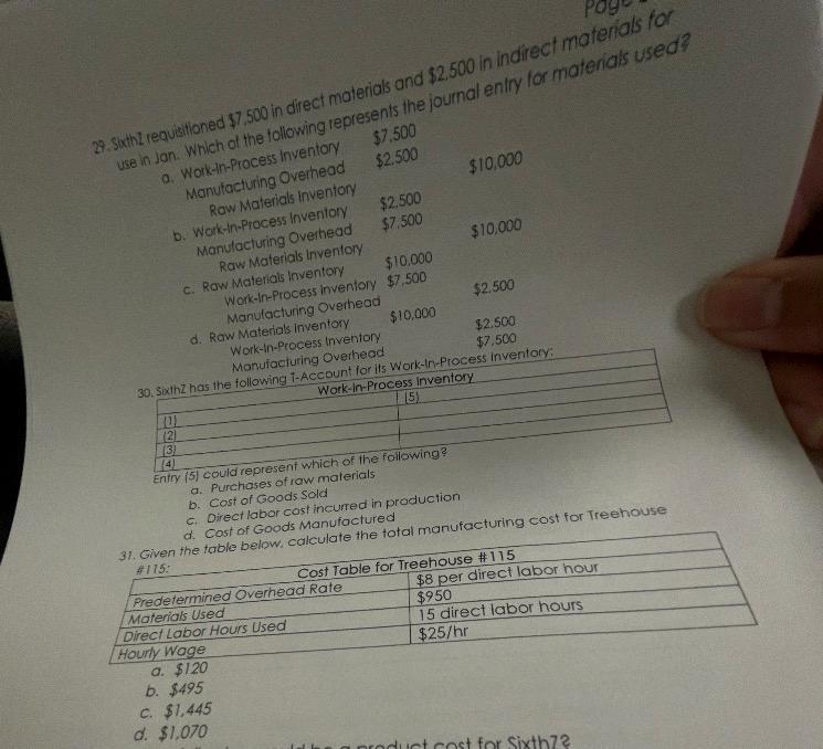 Solved 29. Sixth requisitioned 7,500 in direct materials