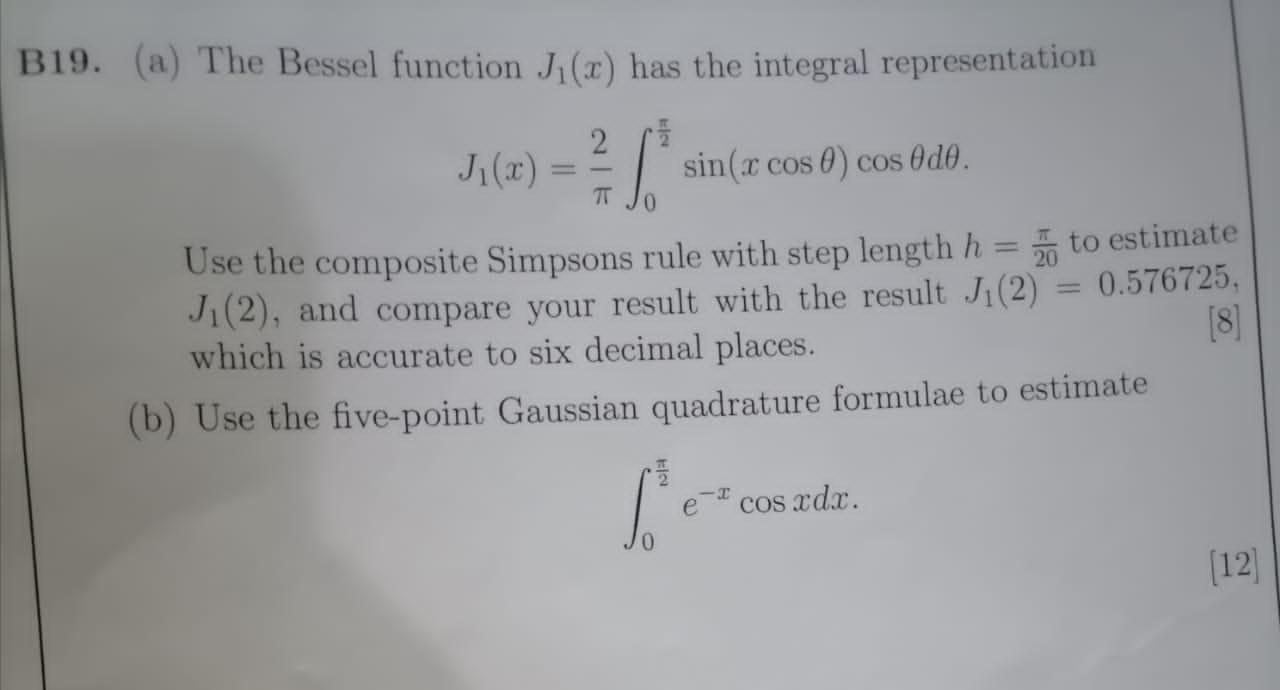 Solved B19. (a) The Bessel function J1(x) has the integral | Chegg.com