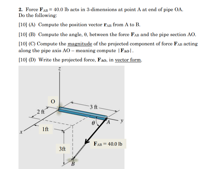 Solved 2. Force FAB = 40.0 lb acts in 3-dimensions at point | Chegg.com