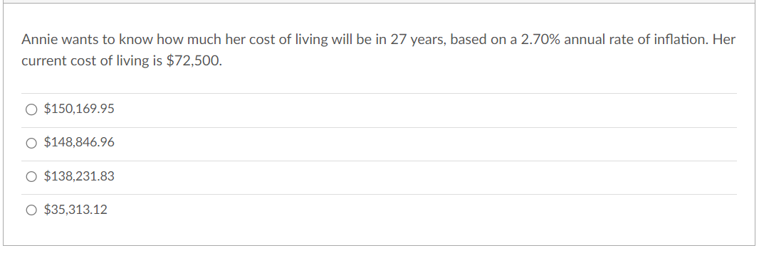 Solved Annie wants to know how much her cost of living will | Chegg.com
