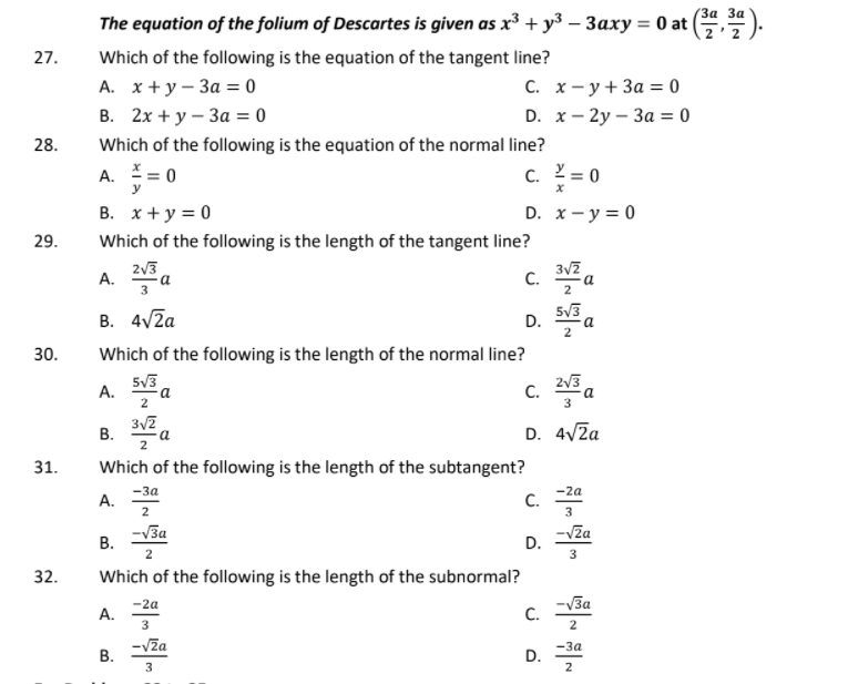 Solved 27. 28. 29. The equation of the folium of Descartes | Chegg.com