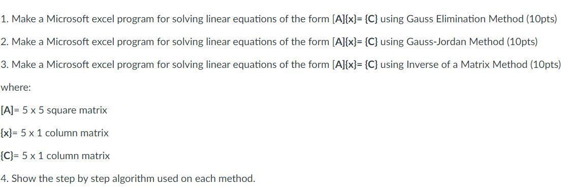 Solved 1. Make a Microsoft excel program for solving linear | Chegg.com