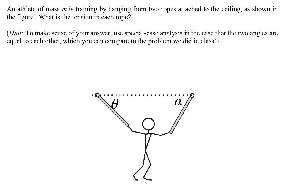 Solved An athlete of mass m is training by hanging from two | Chegg.com