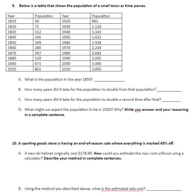 Solved 9. Below is a table that shows the population of a | Chegg.com