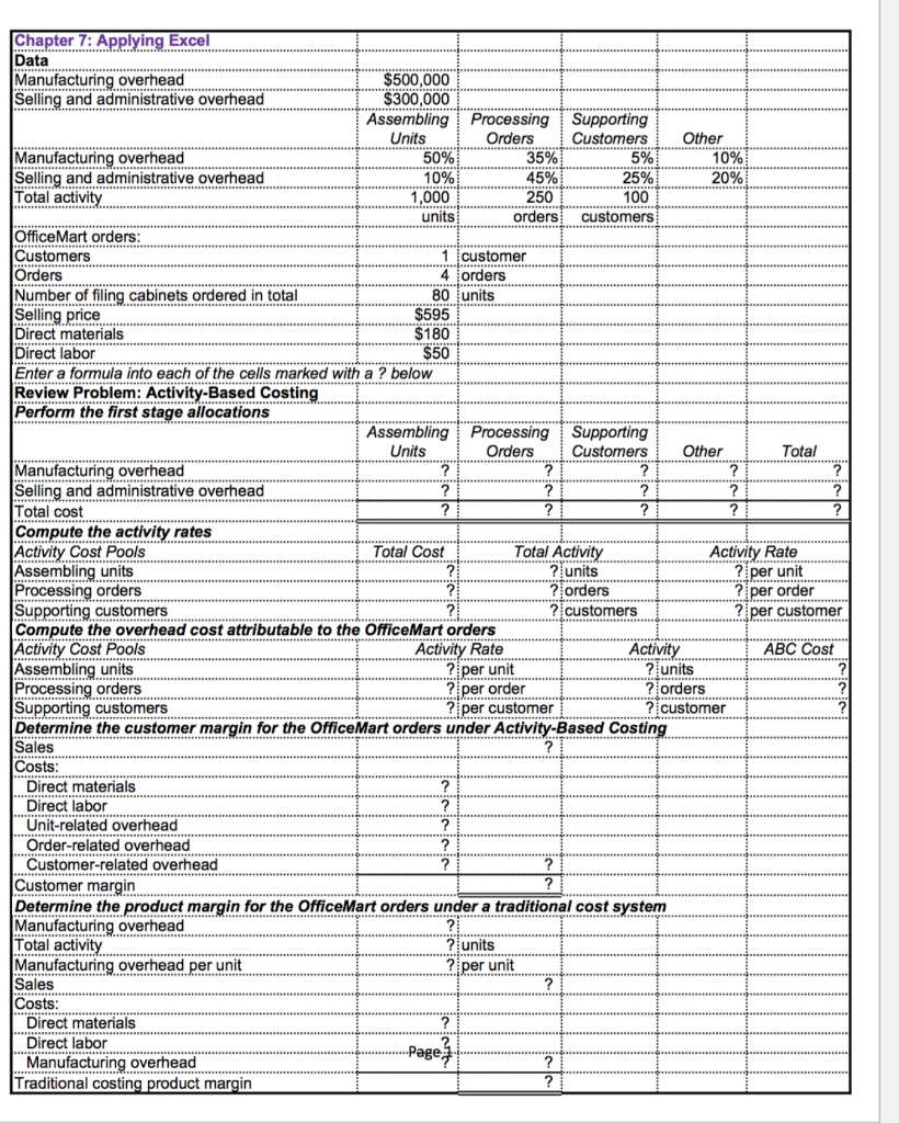 Solved Chapter 7: Applying Excel Data Manufacturing overhead | Chegg.com