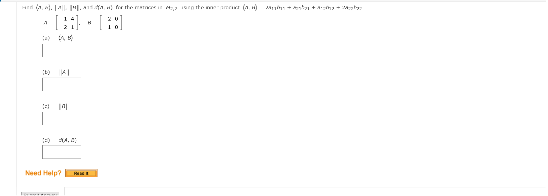 Solved Find (A, B), || A||- ||B||, And D(A, B) For The | Chegg.com