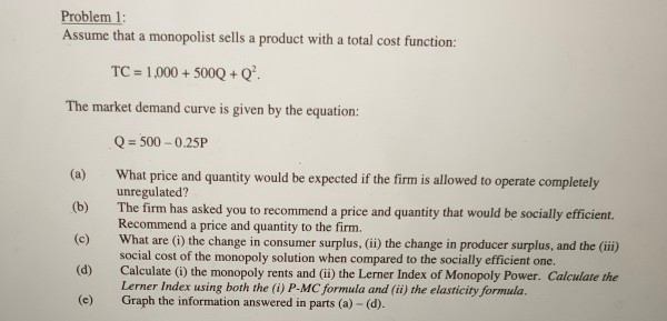 Solved Problem 1: Assume that a monopolist sells a product | Chegg.com