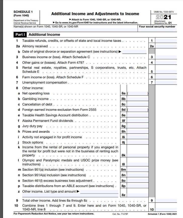 Fom 1040 (2021) Page 2SCHEDULE 1 Additional Income | Chegg.com