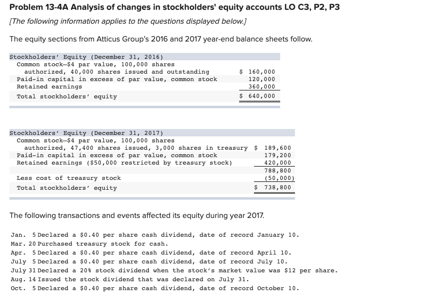 A Change In Stockholders' Equity Is Caused By: Solved Problem 13-4A Analysis of changes in stockholders' | Chegg.com