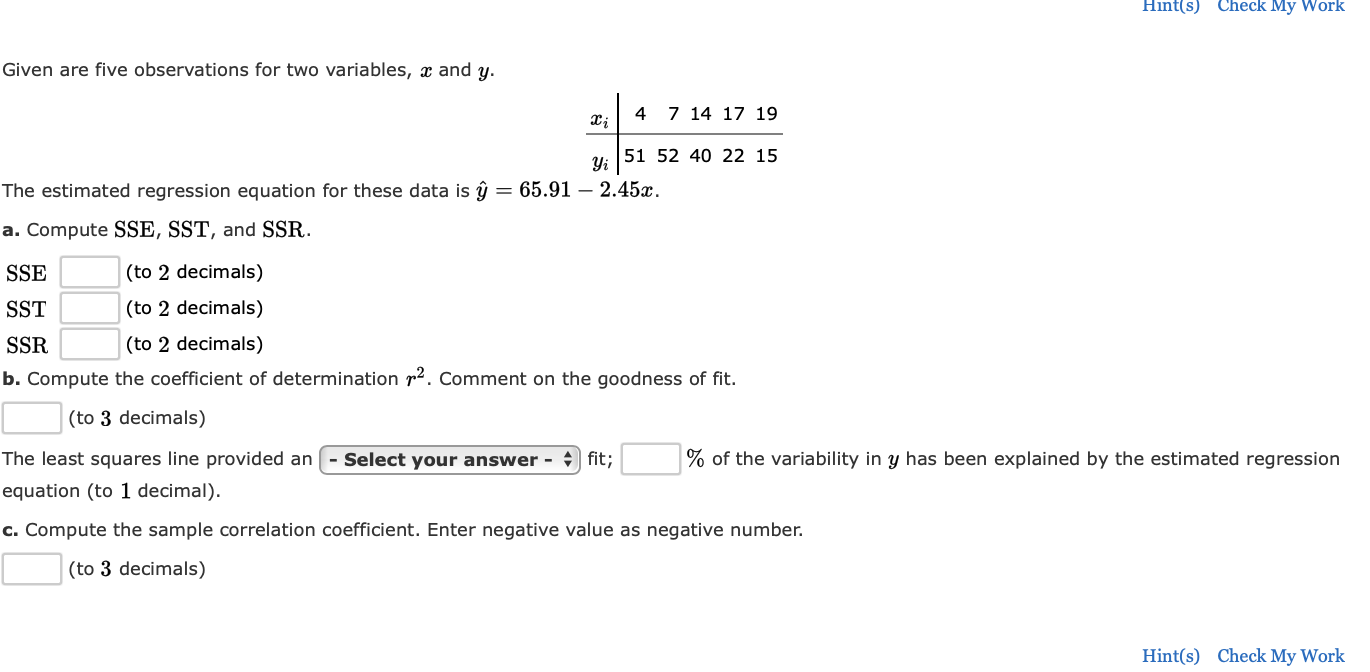 Solved Hint(s) Check My Work Given are five observations for | Chegg.com