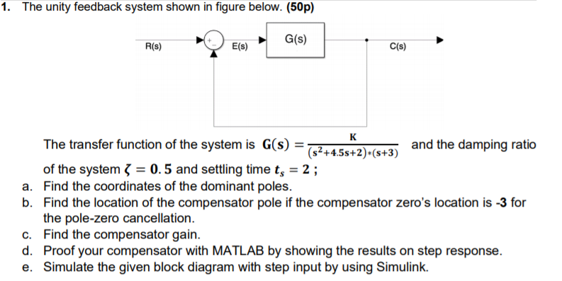 Solved 1. The unity feedback system shown in figure below. | Chegg.com