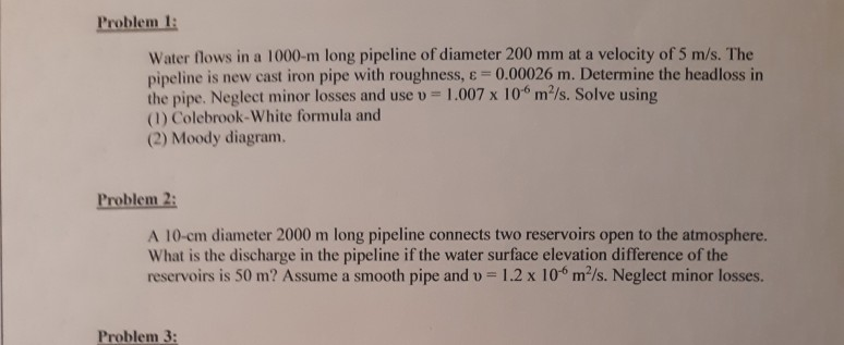 Solved Problem 1: Water flows in a 1000-m long pipeline of | Chegg.com