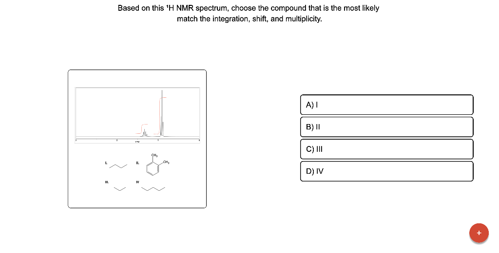 Based on this \( { }^{1} \mathrm{H} \) NMR spectrum, choose the compound that is the most likely match the integration, shift