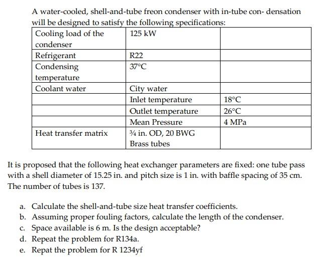 Solved A Water-cooled, Shell-and-tube Freon Condenser With 