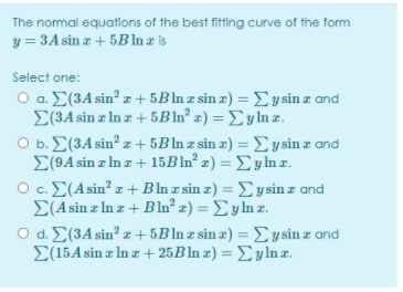 Solved The normal equations of the best fitting curve of the | Chegg.com