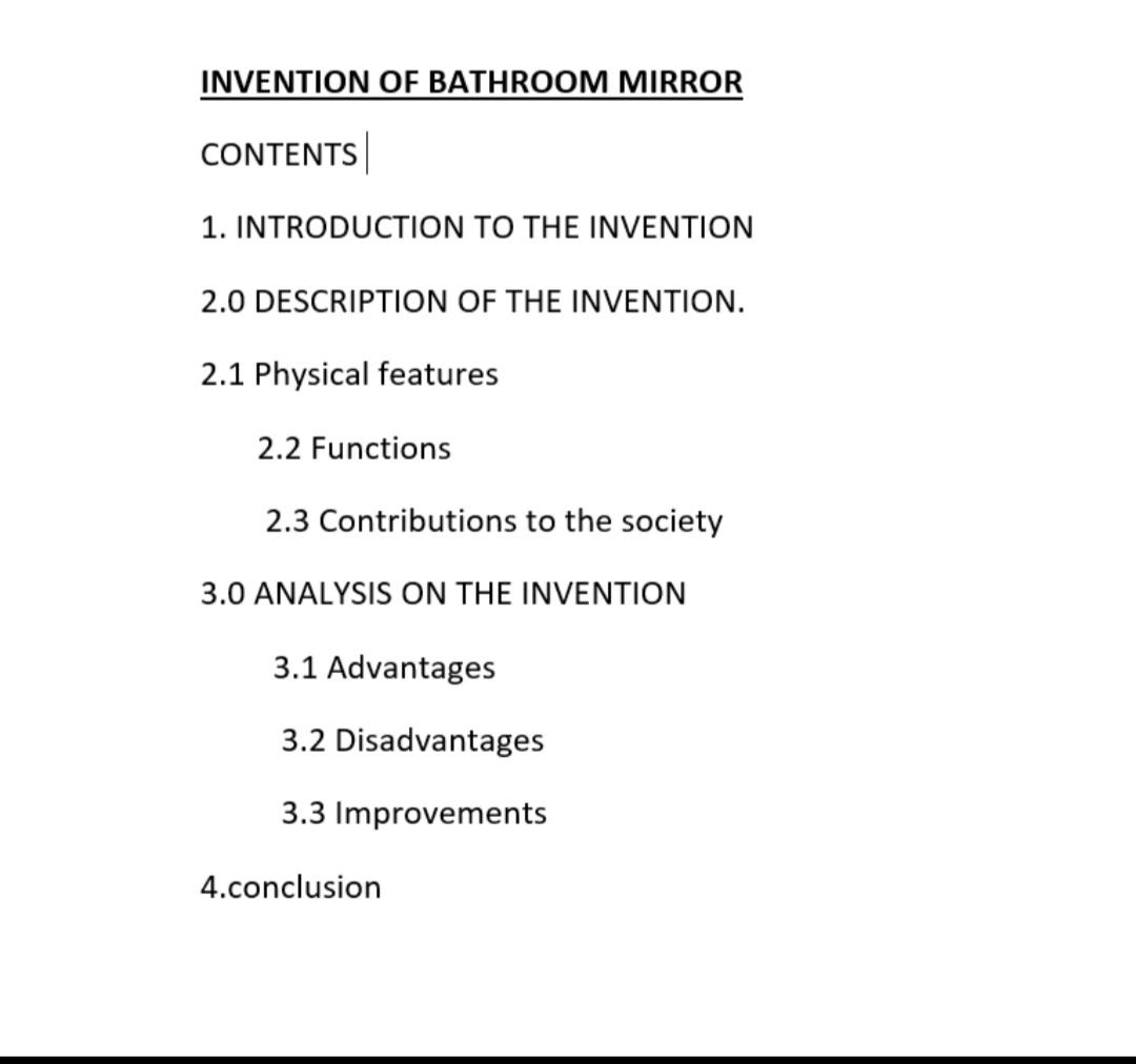 Solved INVENTION OF BATHROOM MIRROR CONTENTS 1. INTRODUCTION