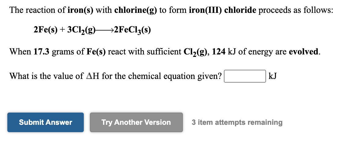 Solved The reaction of iron(s) with chlorine(g) to form | Chegg.com