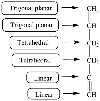Trigonal planar
CH2
Trigonal planar
CH
Tetrahedral
CН2
Tetrahedral
СH>
C
Linear
Linear
CH