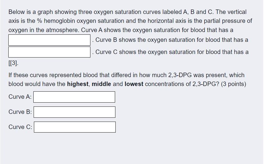 Below is a graph showing three oxygen saturation curves labeled A, B and C. The vertical
axis is the % hemoglobin oxygen satu