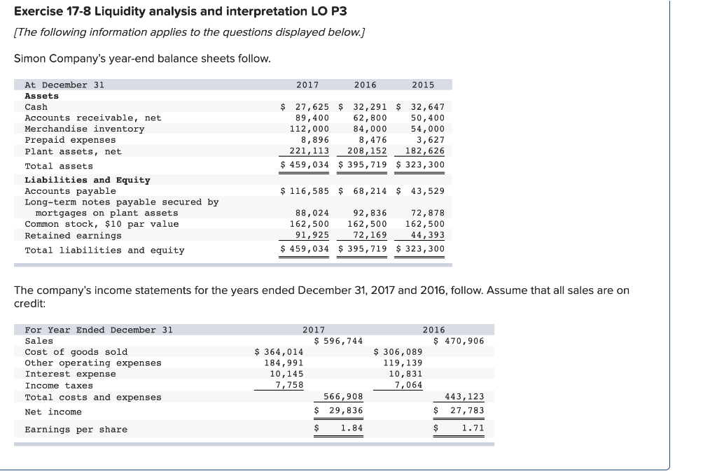 Solved Exercise 17-8 Liquidity analysis and interpretation | Chegg.com