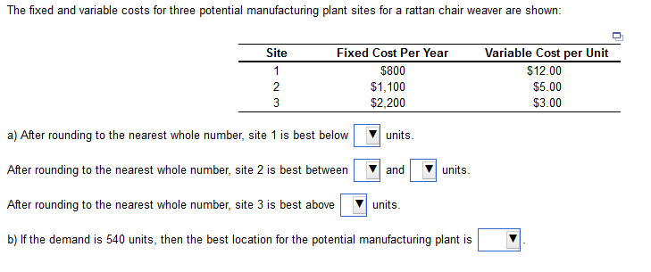 Solved The fixed and variable costs for three potential | Chegg.com