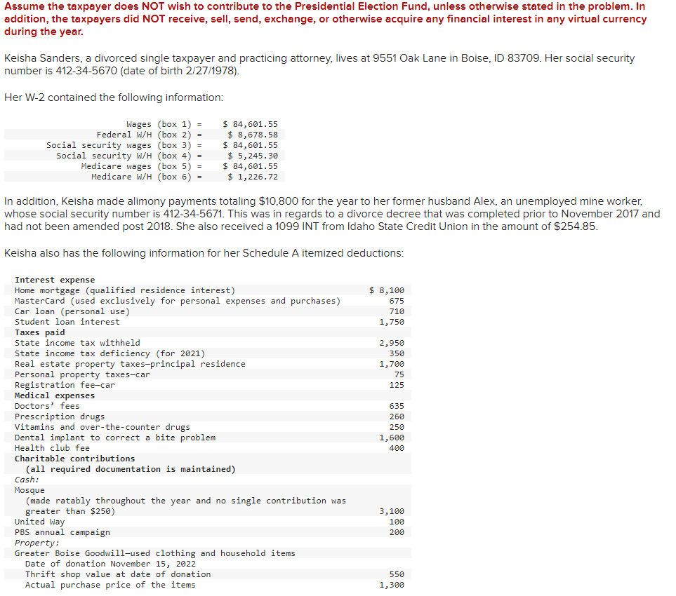 Prepare a Form 1040 with a Schedule 1, a Schedule A, | Chegg.com