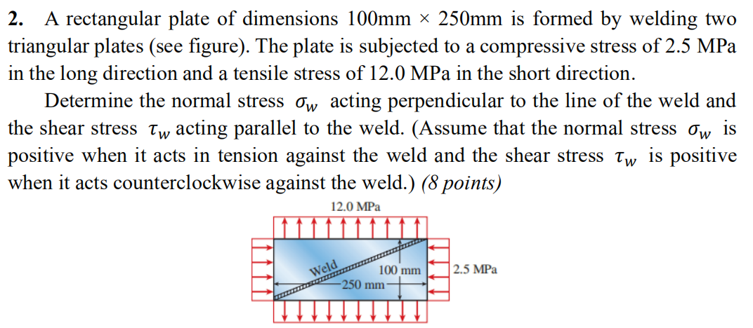 2. a rectangular plate of dimensions 100mm x 250mm is formed by welding two triangular plates (see figure). the plate is subj