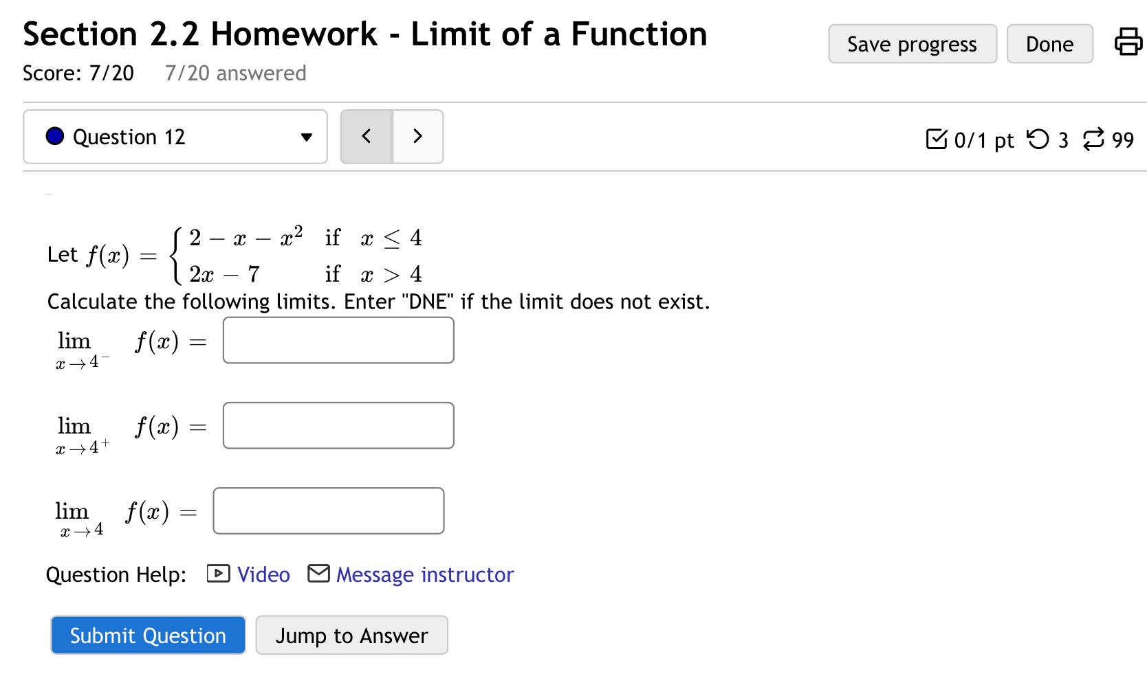 Solved Section 2.2 Homework - Limit of a Function Score: | Chegg.com