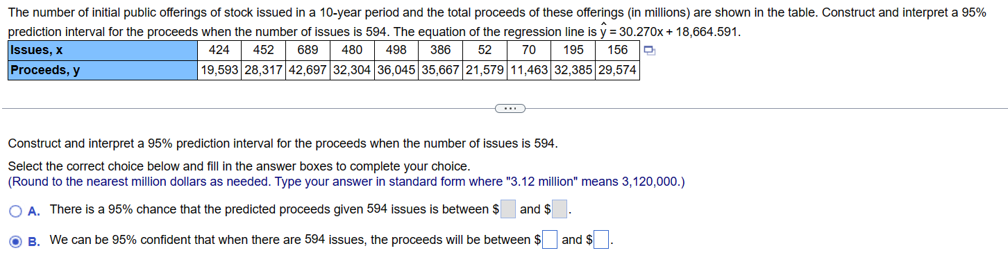 Solved Prediction Interval For The Proceeds When The Number | Chegg.com