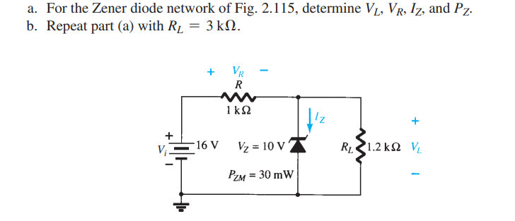 Solved a. For the Zener diode network of Fig. 2.115, | Chegg.com