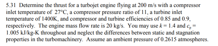 Solved 5.31 Determine the thrust for a turbojet engine | Chegg.com