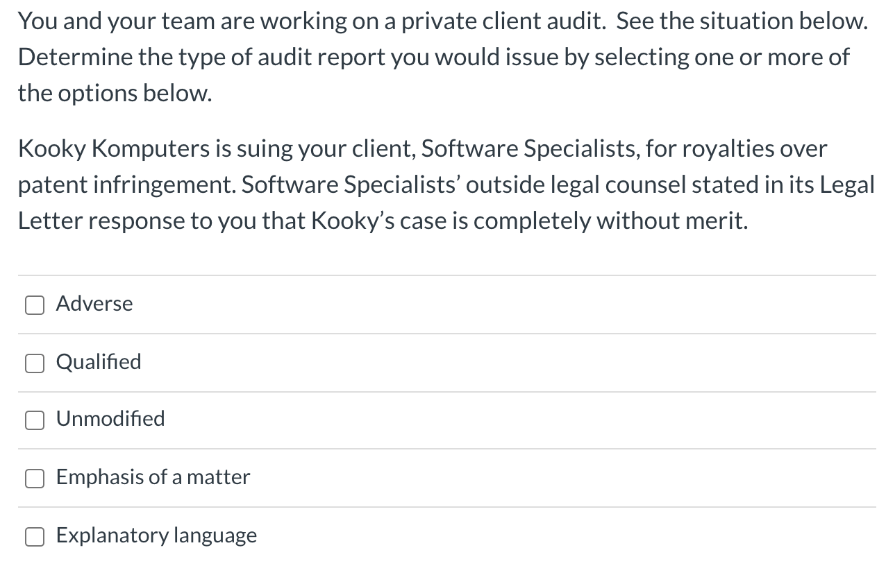 Solved You and your team are working on a private client | Chegg.com