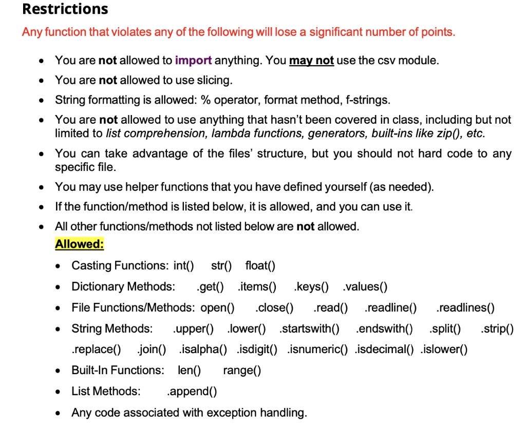 Solved Restrictions Any function that violates any of the | Chegg.com