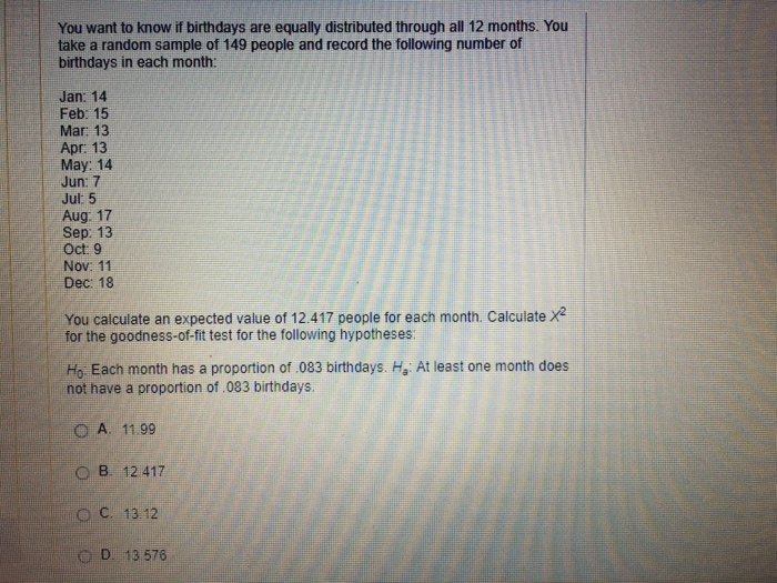 Solved You want to know if birthdays are equally distributed